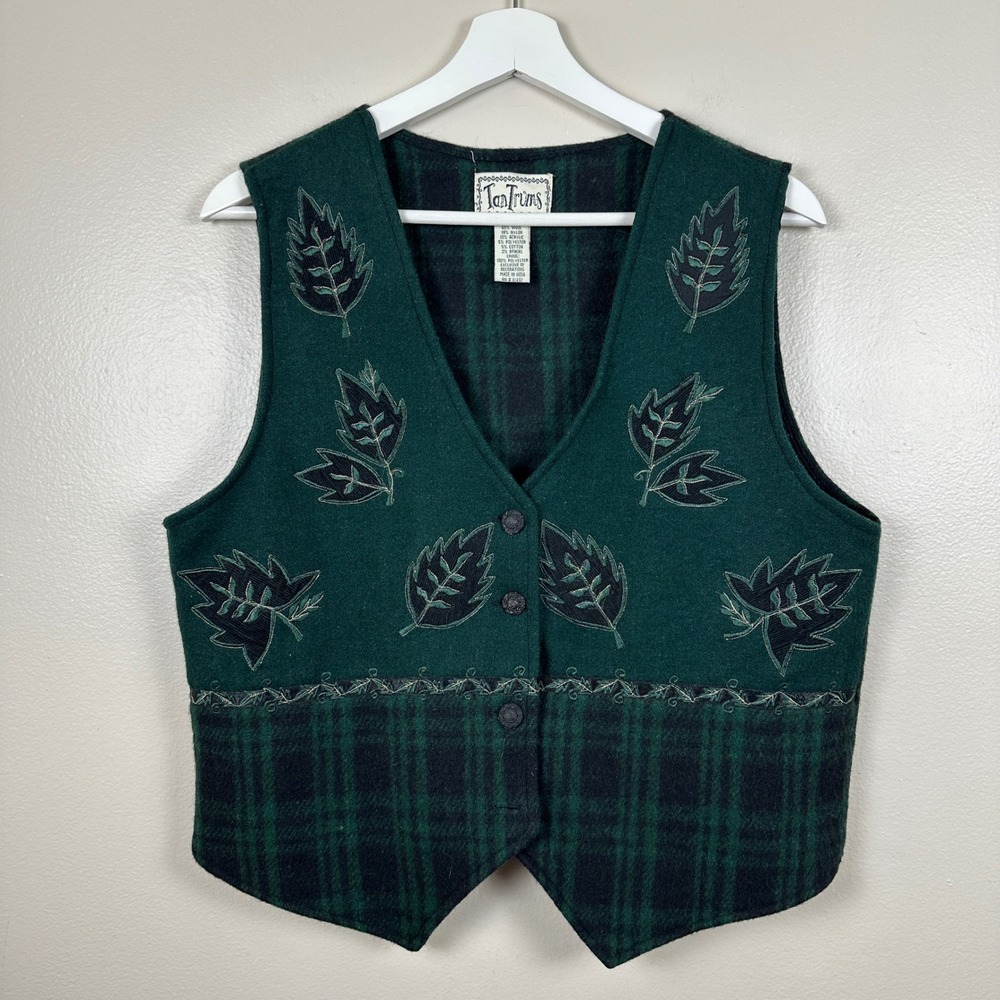 TanTrums Women's Medium Vest Green Plaid Wool Blend Leaf Applique Vintage